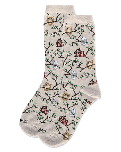 Women's Owls Bamboo Crew Socks : Color: Oatmeal Heather