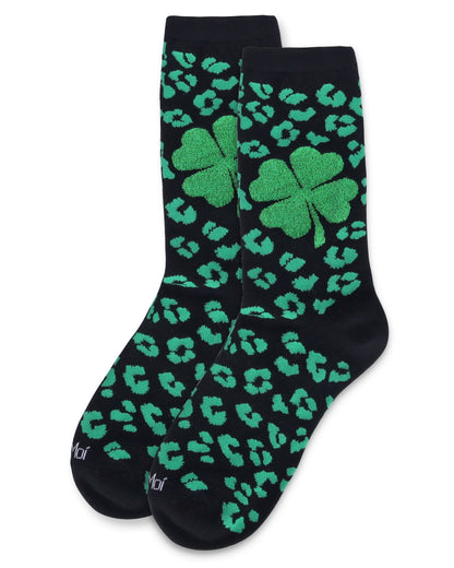 Women's Leopard Clover Bamboo Crew Socks : Color: Black