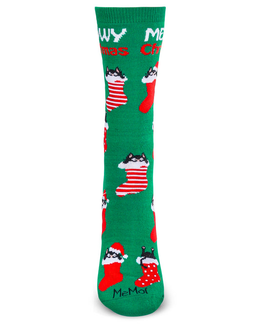Women's Meowy Christmas Holiday Crew Socks : Color: Green