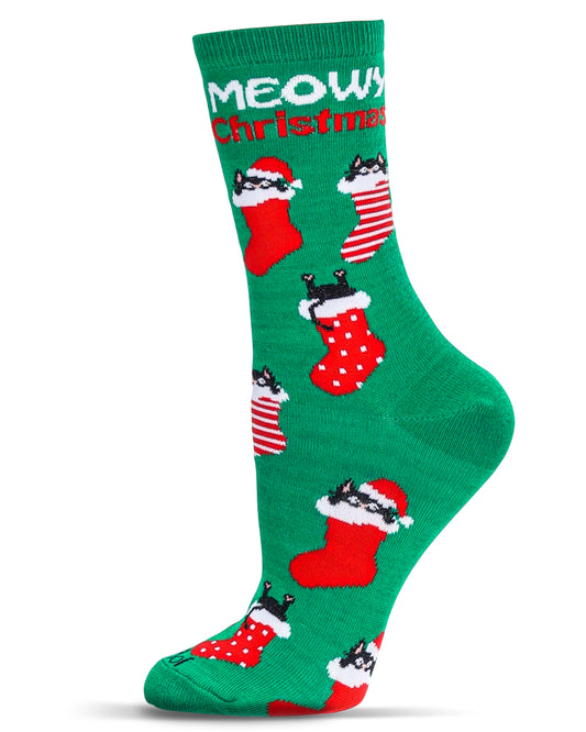 Women's Meowy Christmas Holiday Crew Socks : Color: Green