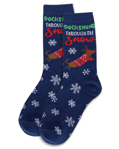 Women's Dachshund Through the Snow Holiday Crew Socks : Color: Navy