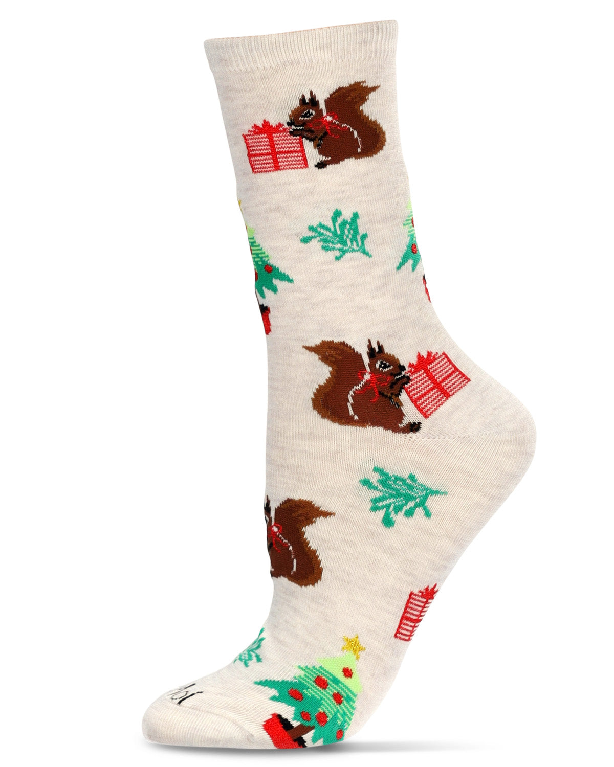 Women's Festive Squirrel Crew Socks : Color: Oatmeal Heather