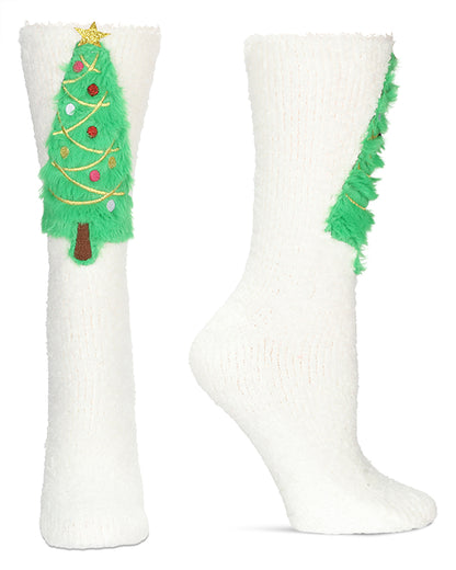 Women's Christmas Tree Embellished Plush Crew Socks : Color: Ivory