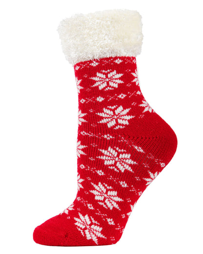 Women's Snowflake Fair Isle Plush Cabin Socks : Color: Tango Red