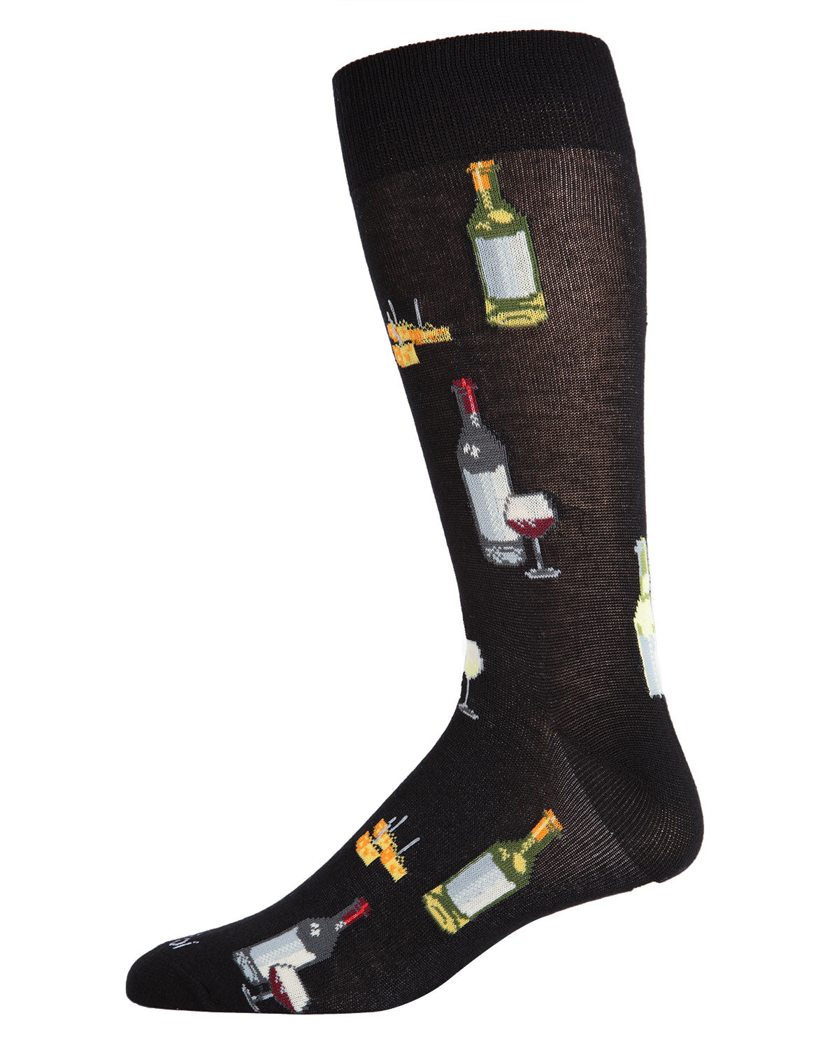 Men's Wine and Cheese Bamboo Blend Novelty Crew Sock : Color: Black