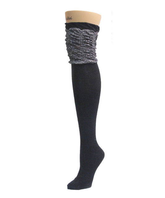 Glitzy Cap Cotton Blend Over The Knee Sock : Color: Black
