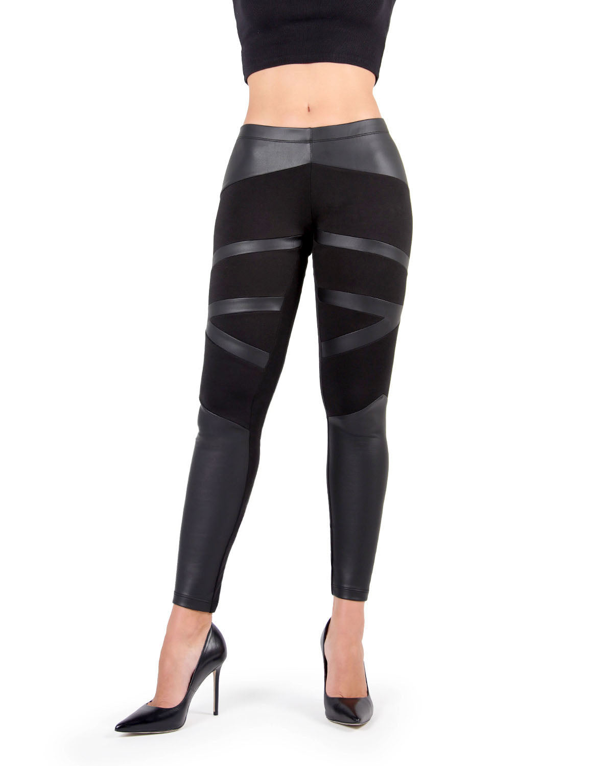 Matxina Retro Cut Faux Leather Accent Leggings : Color: Black