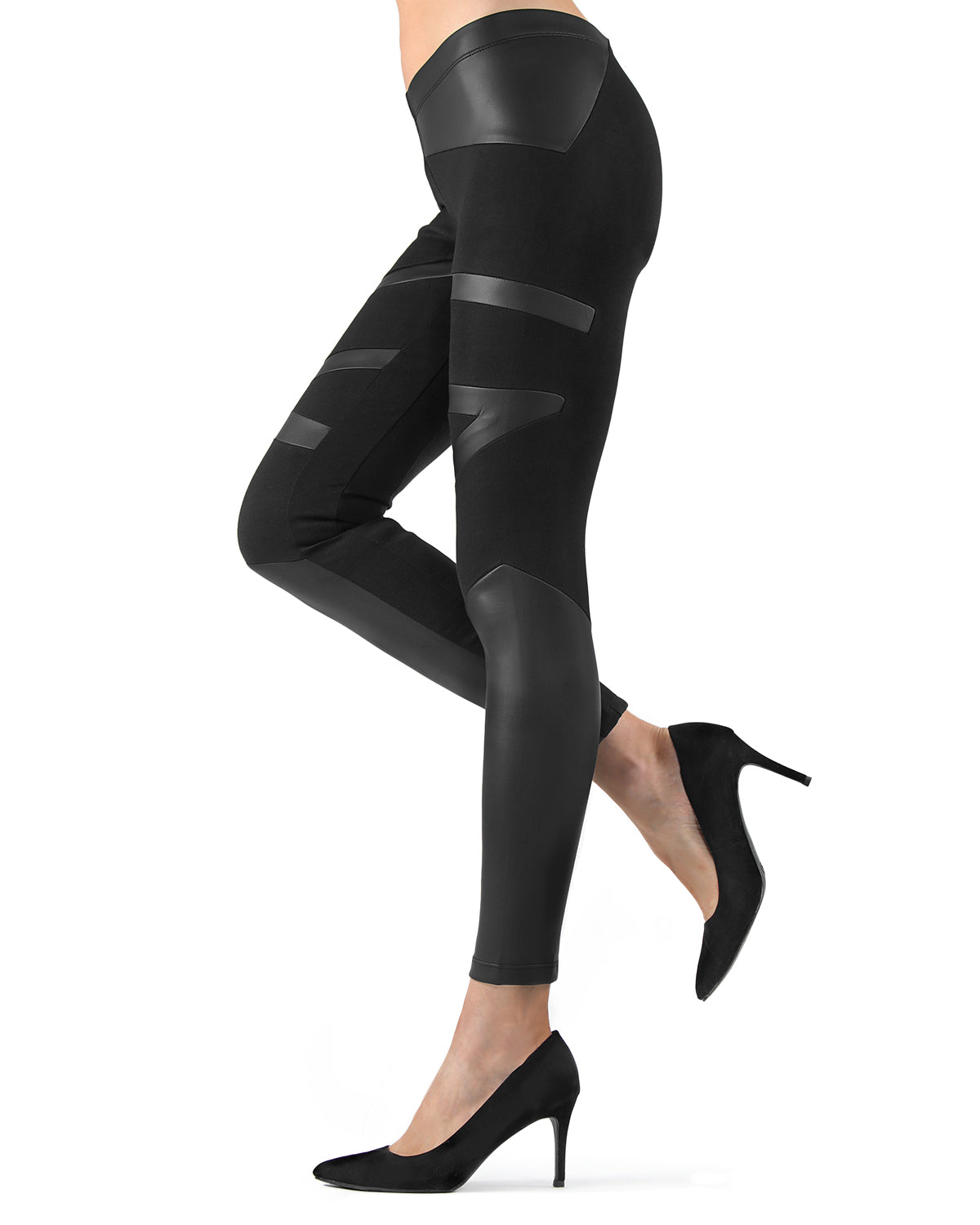 Matxina Retro Cut Faux Leather Accent Leggings : Color: Black