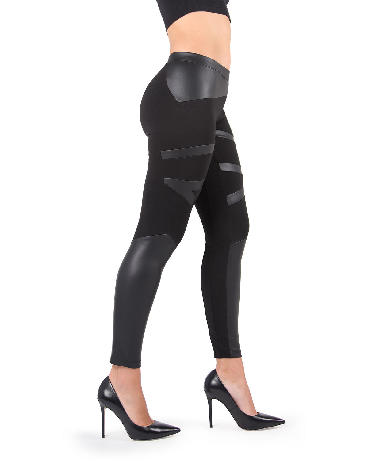 Matxina Retro Cut Faux Leather Accent Leggings : Color: Black