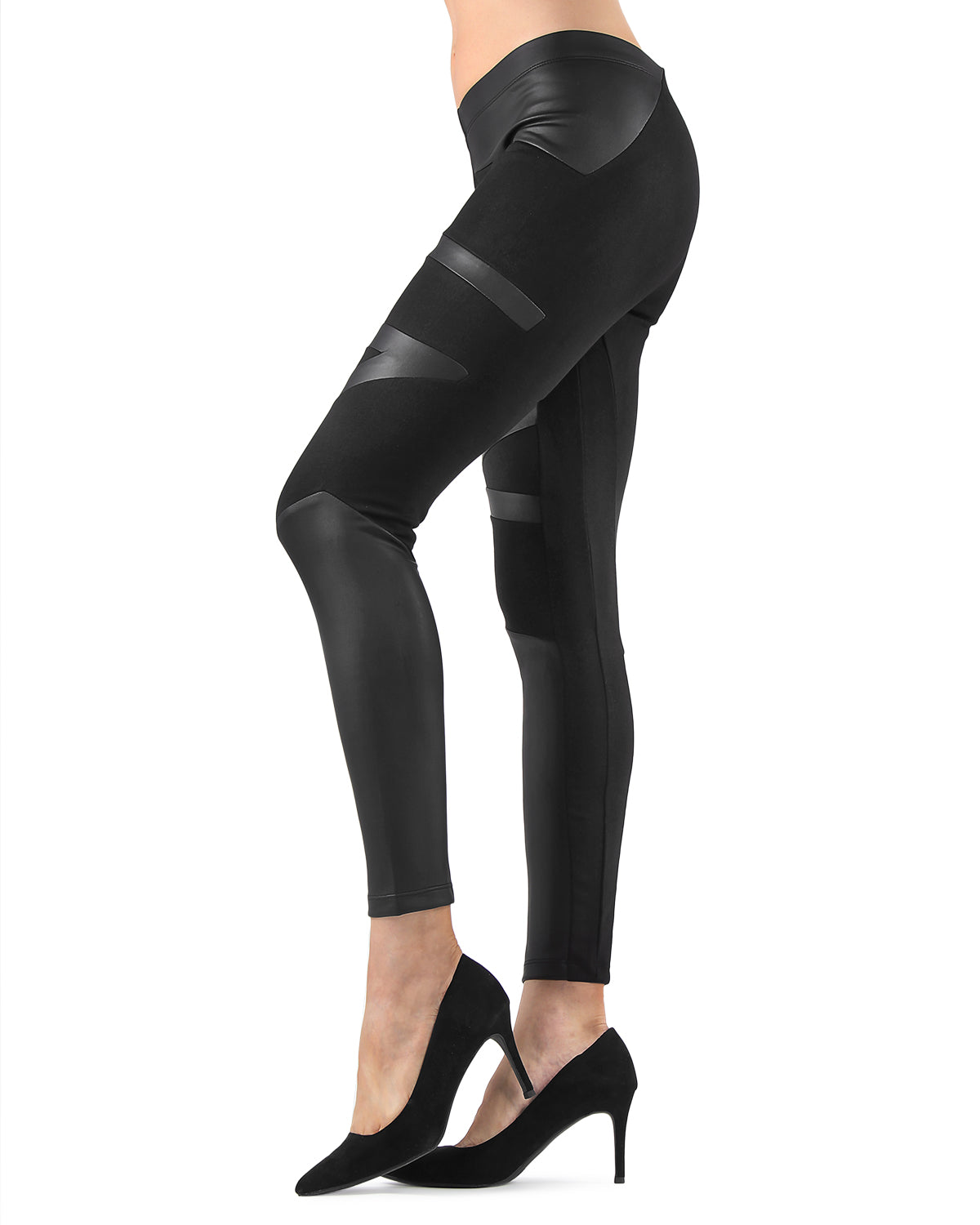 Matxina Retro Cut Faux Leather Accent Leggings : Color: Black
