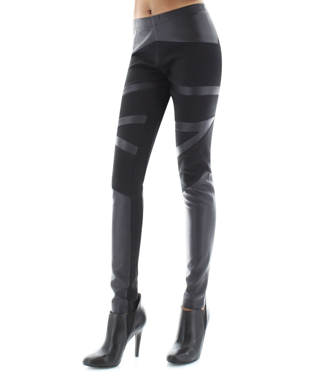 Matxina Retro Cut Faux Leather Accent Leggings : Color: Black