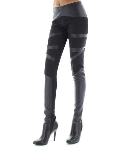 Matxina Retro Cut Faux Leather Accent Leggings : Color: Black