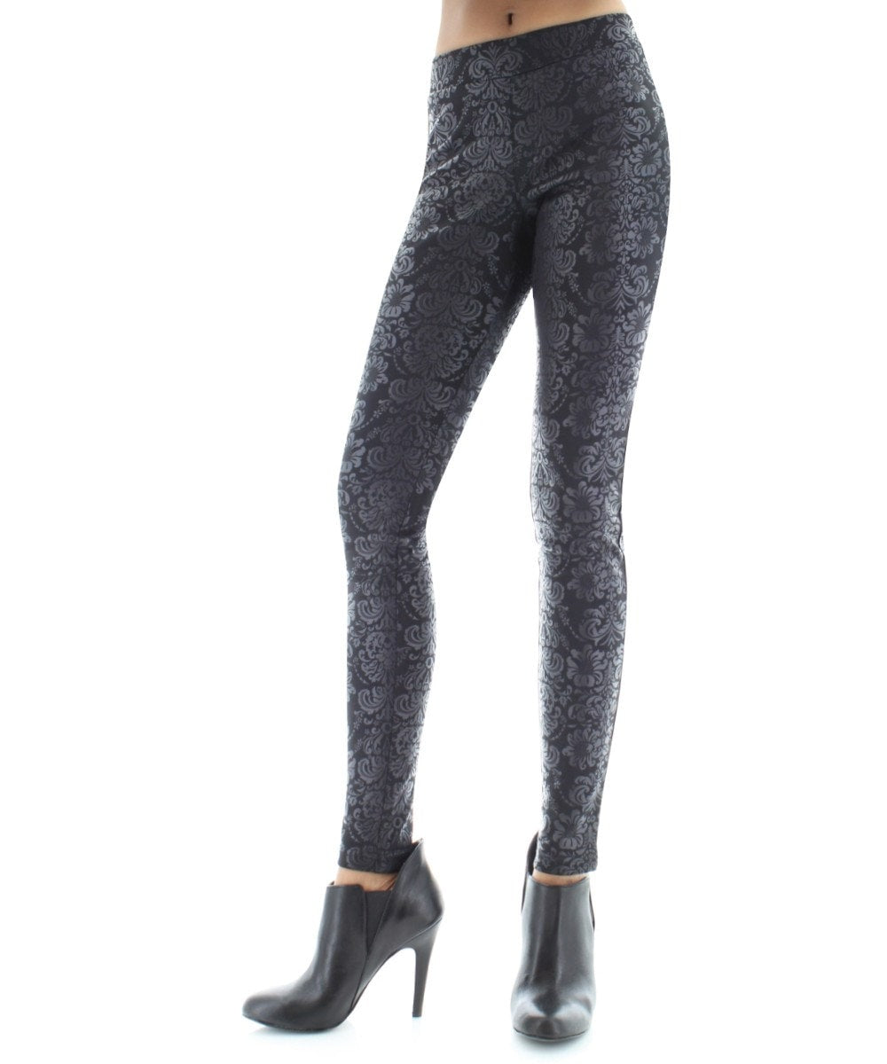 Chic & Elegant Glossy Floral Ornate Damask Leggings : Color: Black