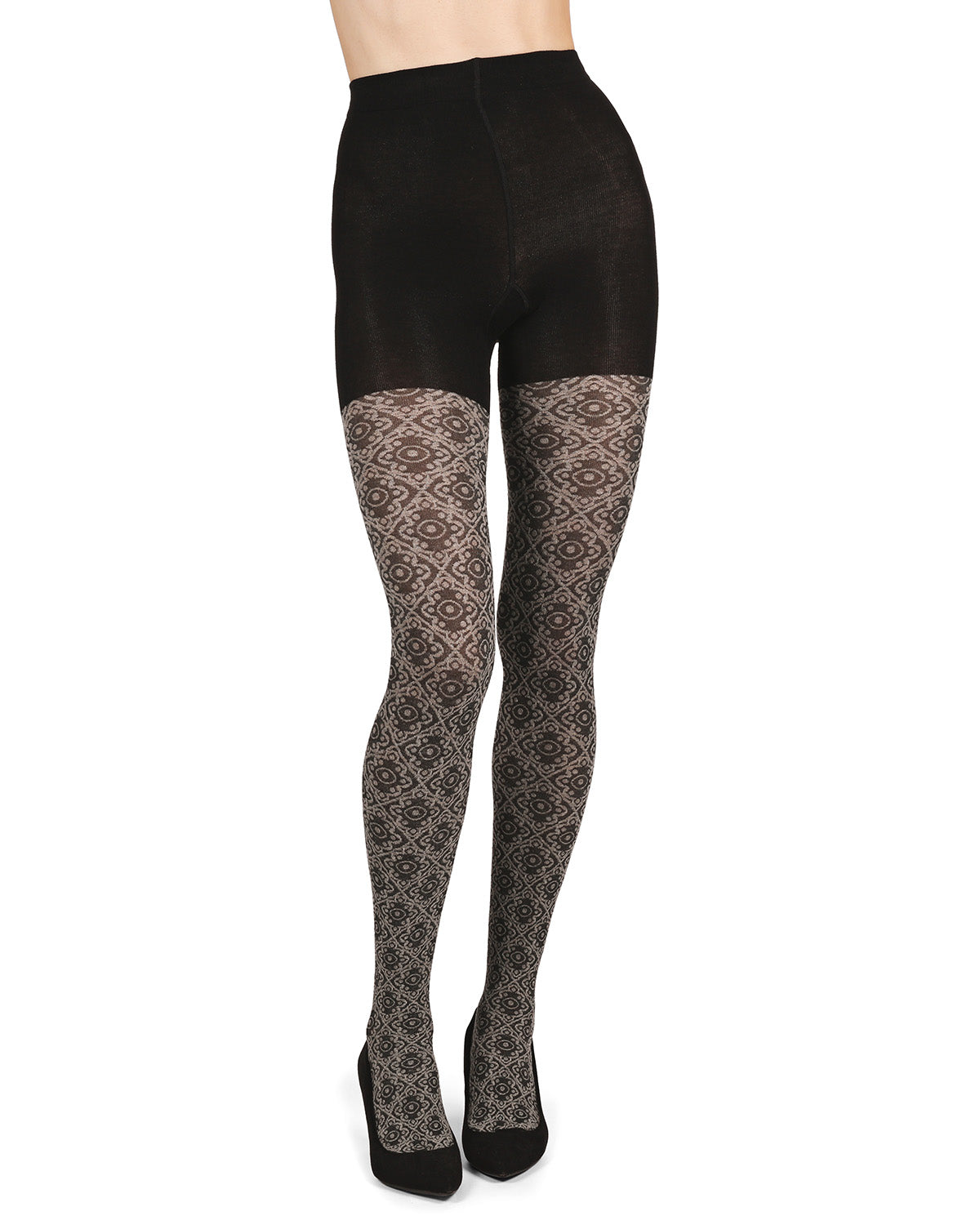 Diamond Pattern Swirl Cotton Blend Women's Sweater Tights : Color: Black