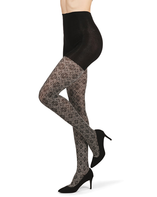 Diamond Pattern Swirl Cotton Blend Women's Sweater Tights : Color: Black