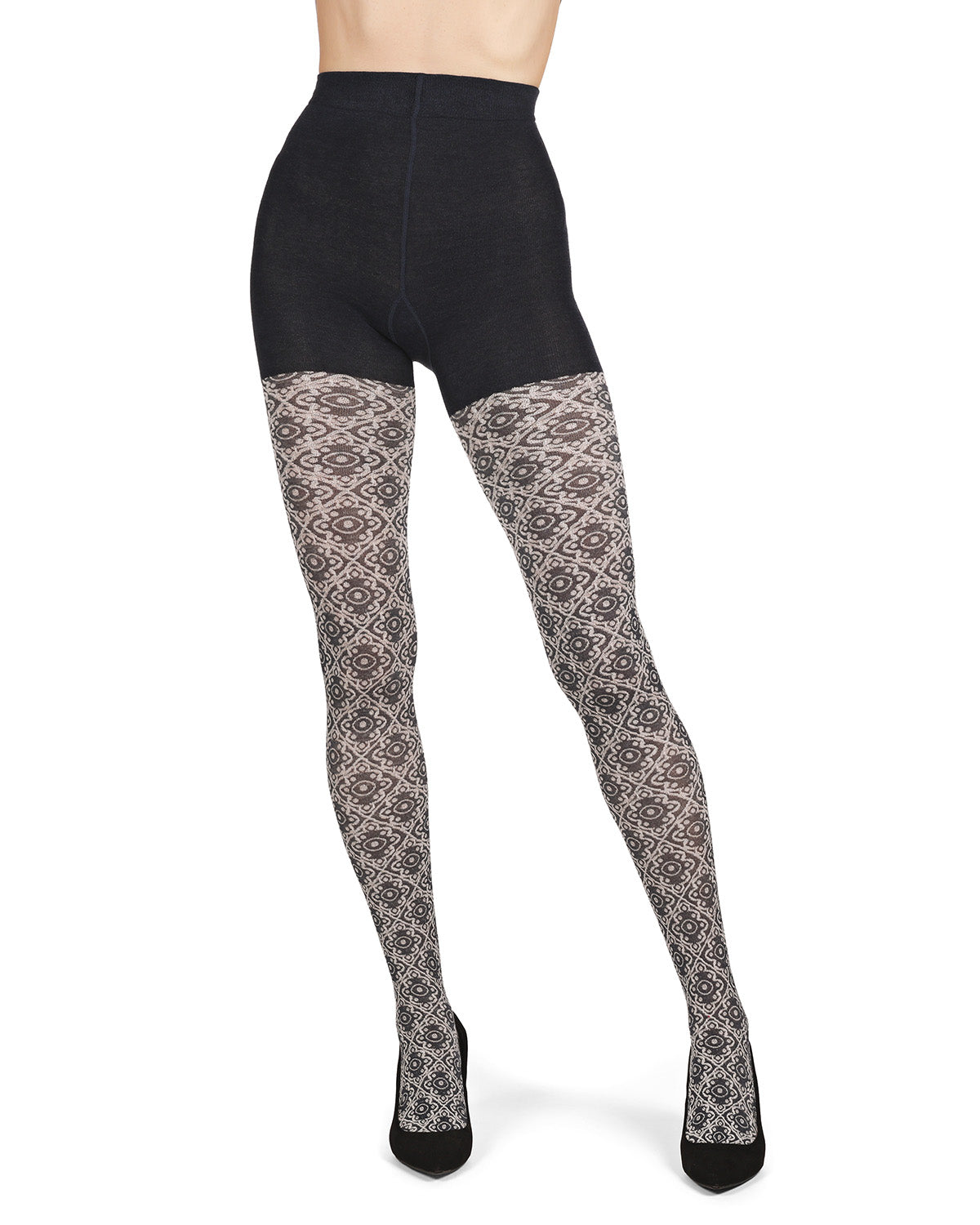 Diamond Pattern Swirl Cotton Blend Women's Sweater Tights : Color: Black