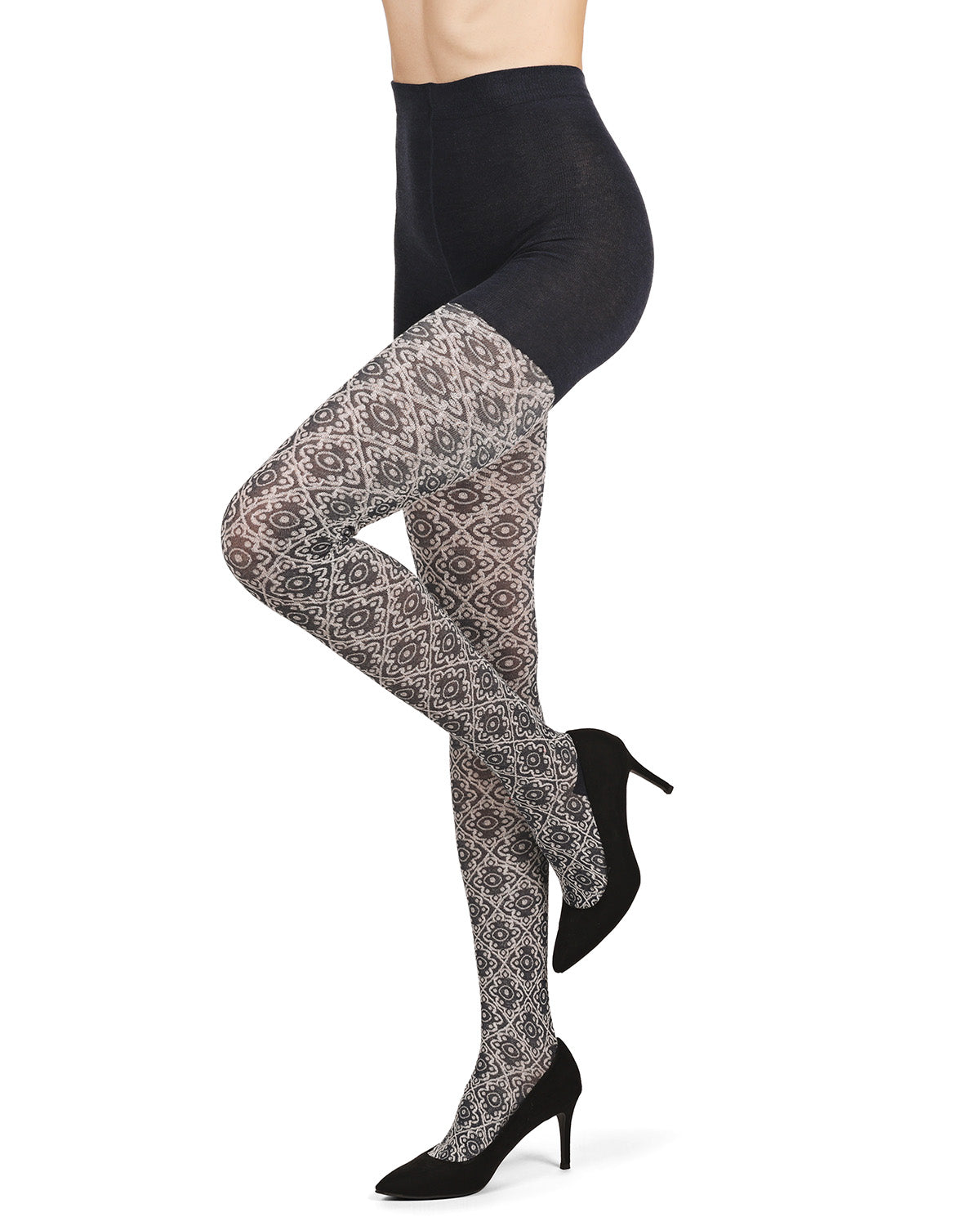 Diamond Pattern Swirl Cotton Blend Women's Sweater Tights : Color: DenimHeather