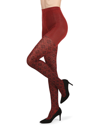 Diamond Pattern Swirl Cotton Blend Women's Sweater Tights : Color: Ketchup