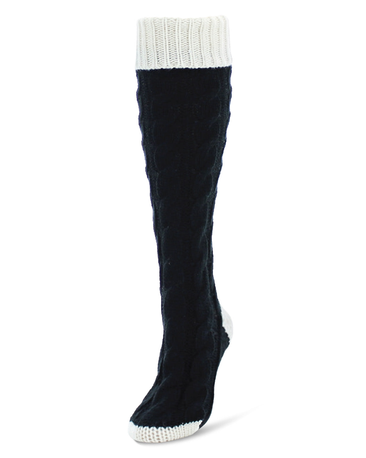 Braid Tip Chunky Knit Two Tone Knee High Socks : Color: Black/Winter White
