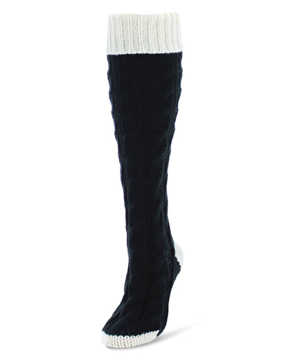 Braid Tip Chunky Knit Two Tone Knee High Socks : Color: Black/Winter White