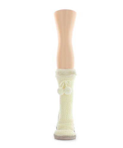 Comfy Knit Moccasin Pom-Pom Sherpa Lined Moccasin-Style Socks : Color: Ivory