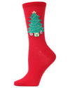 Women's Embroidered Christmas Tree Crew Socks : Color: Tango Red