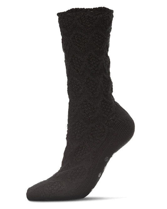 Weaved Flower Chunky Knit Crew Sock : Color: Black