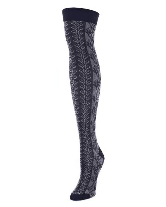 Leaf Vine Cotton Blend Over the Knee Sock : Color: Navy Blazer