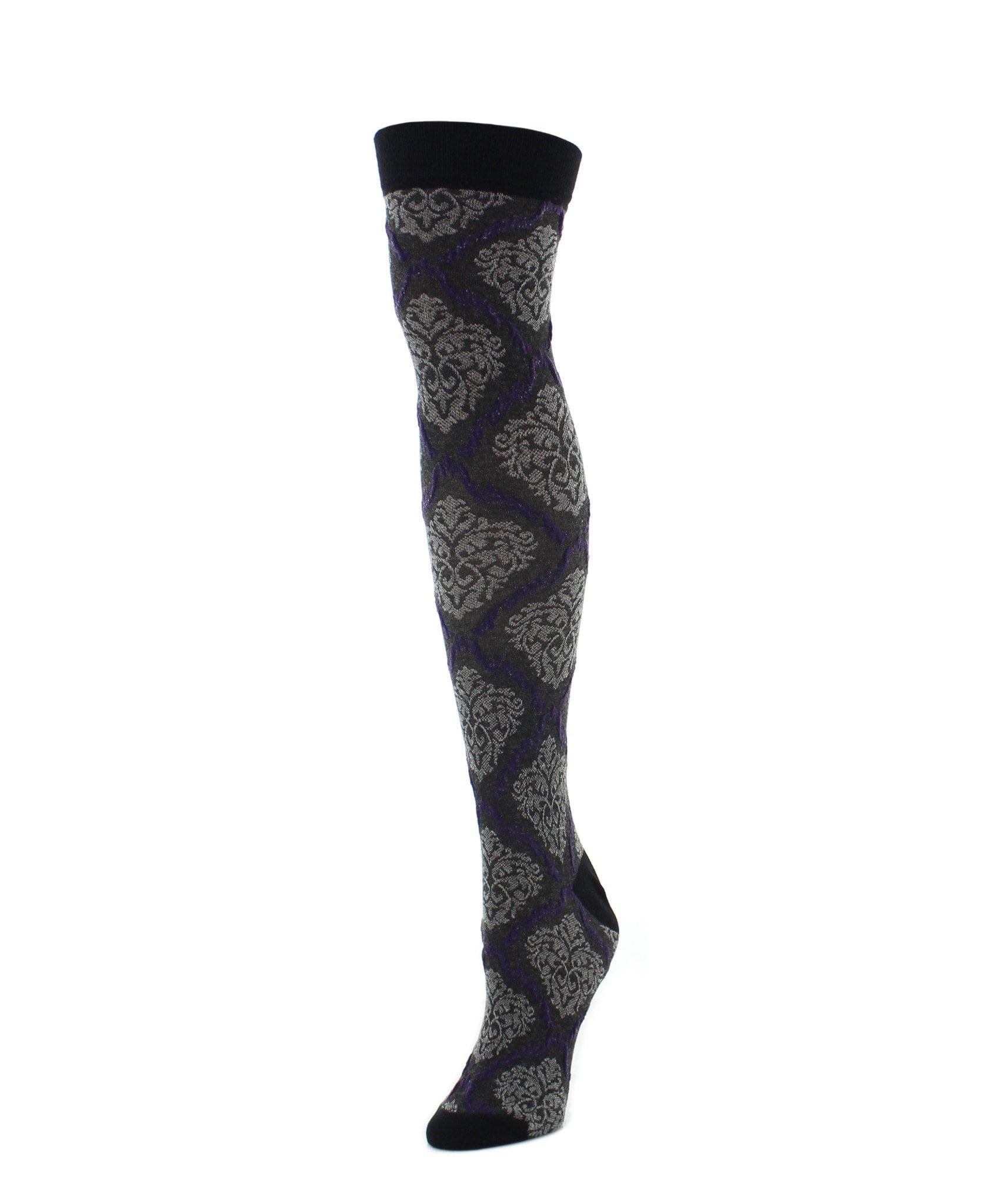 Two Tone Damask Cotton Blend Over The Knee Socks : Color: Black