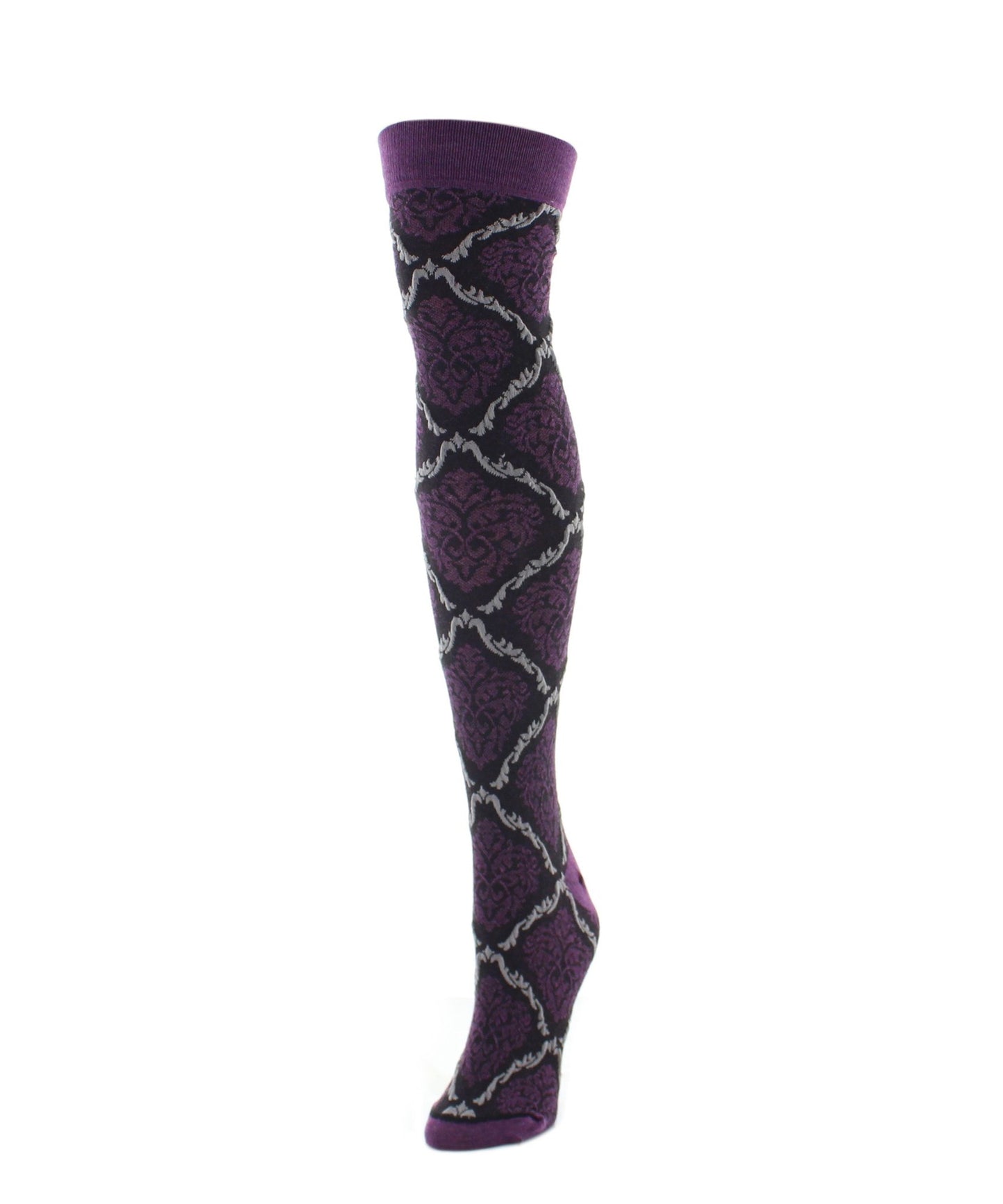 Two Tone Damask Cotton Blend Over The Knee Socks : Color: Black