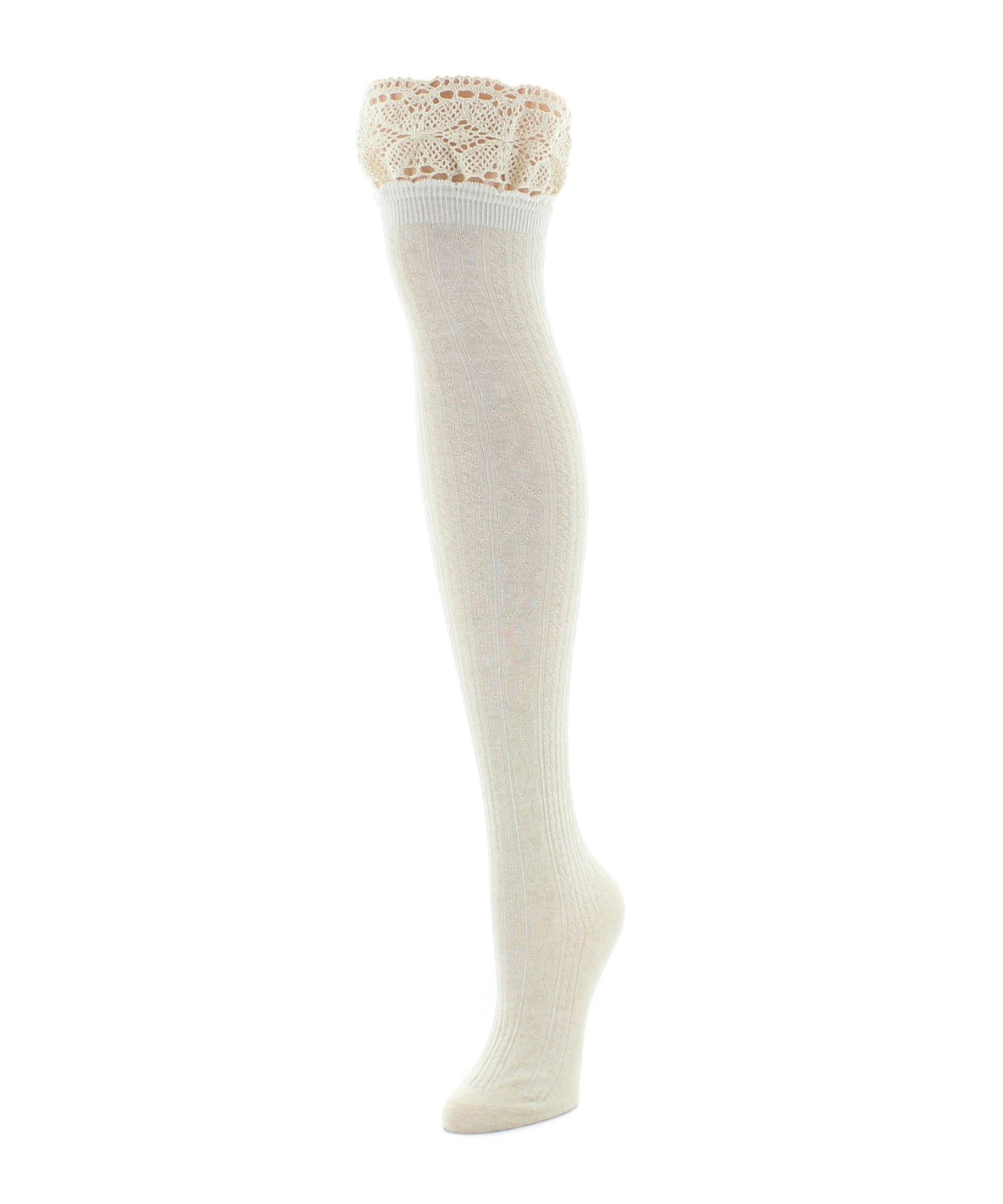 Women's Lace Top Cable Knit Knee High Socks : Color: Black