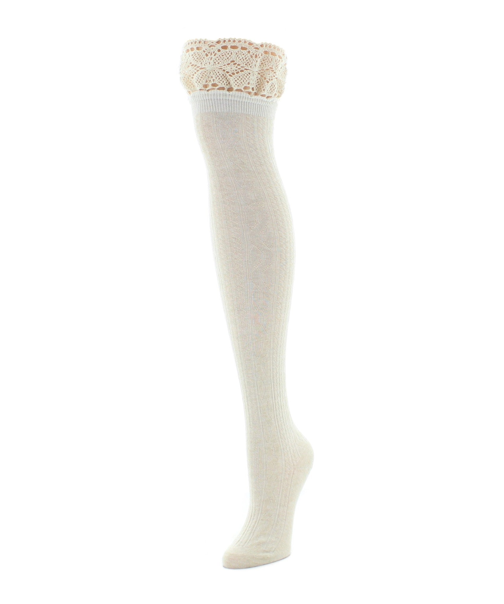Women's Lace Top Cable Knit Knee High Socks : Color: Black
