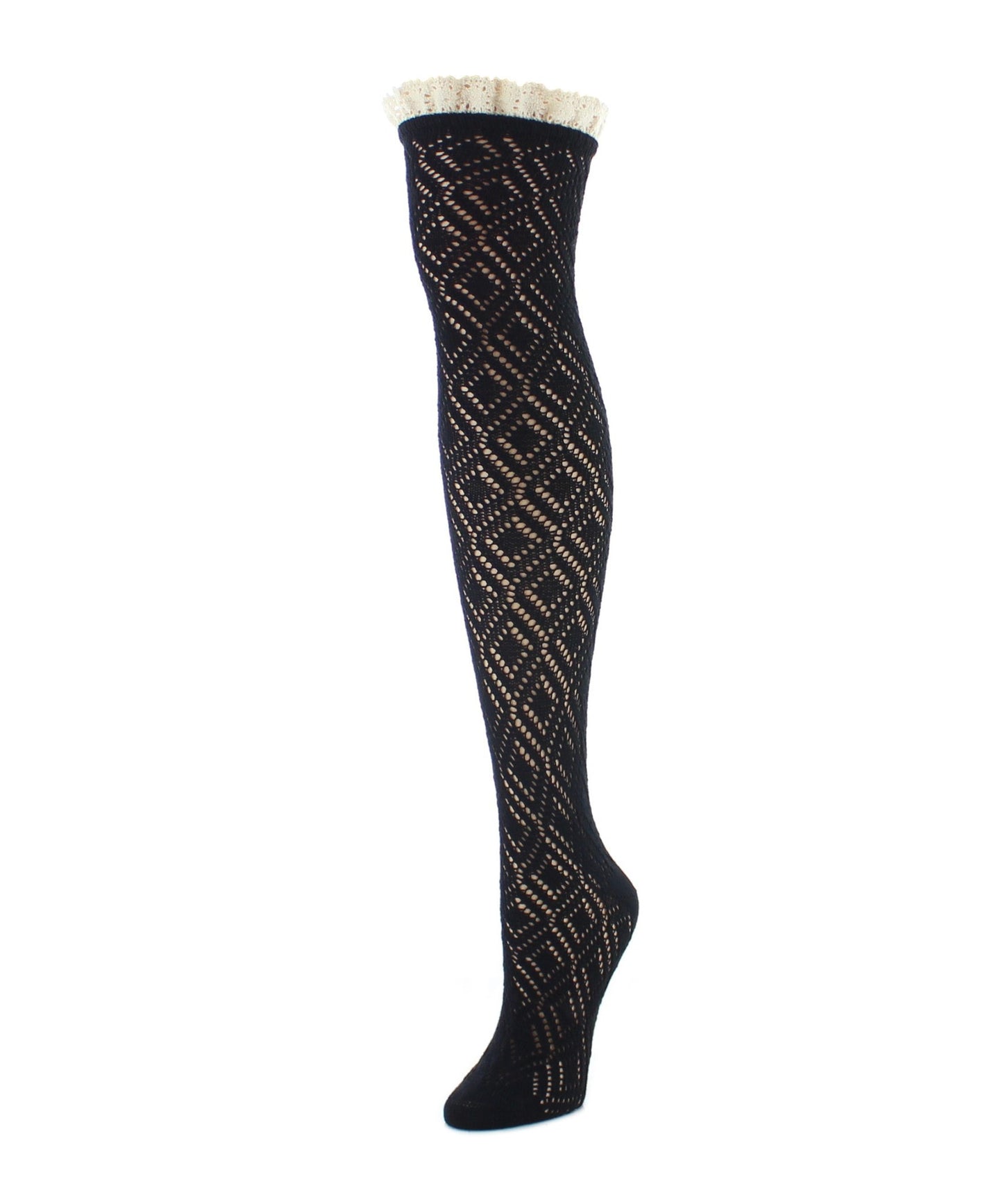 Women's Diamond Open Knit Over The Knee Socks : Color: Black