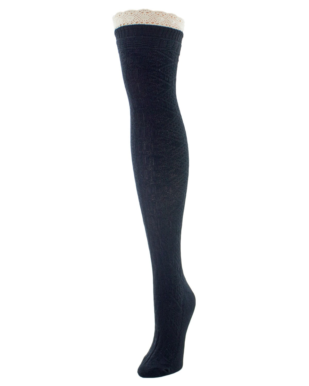 Diamond Crochet Cotton Blend Over The Knee Socks : Color: Black