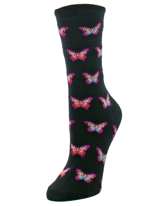 Women's Beautiful Butterfly Bamboo Blend Crew Socks : Color: Black