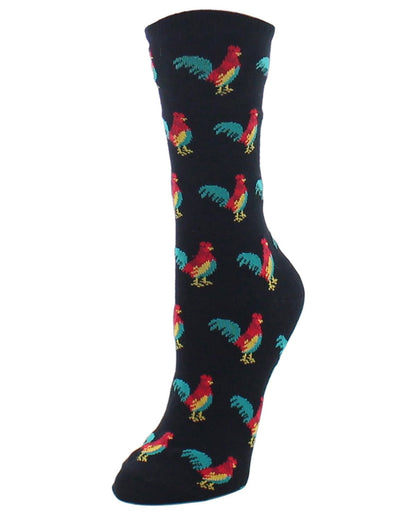 Early Bird Rooster Bamboo Blend Crew Novelty Socks : Color: Black