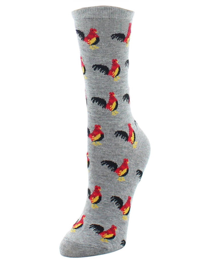 Early Bird Rooster Bamboo Blend Crew Novelty Socks : Color: Medium Gray Heather