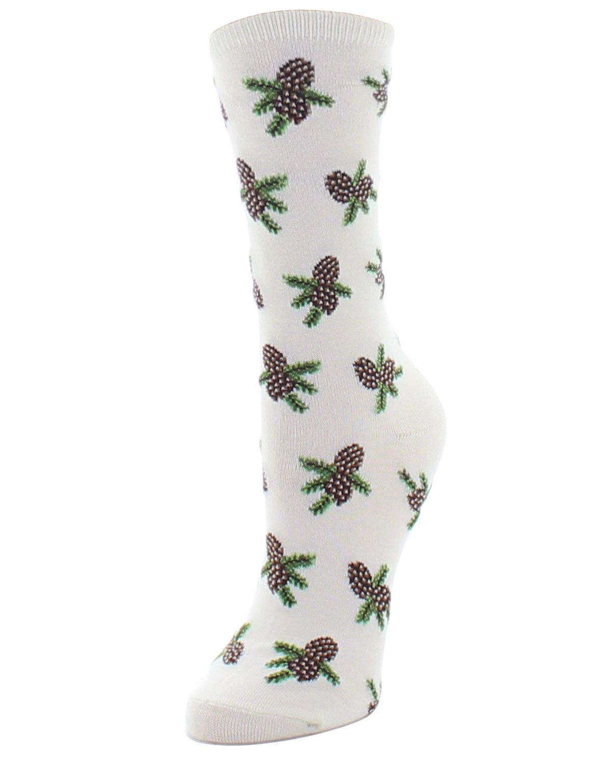 Pinecones Bamboo Blend Novelty Crew Socks : Color: Winter White