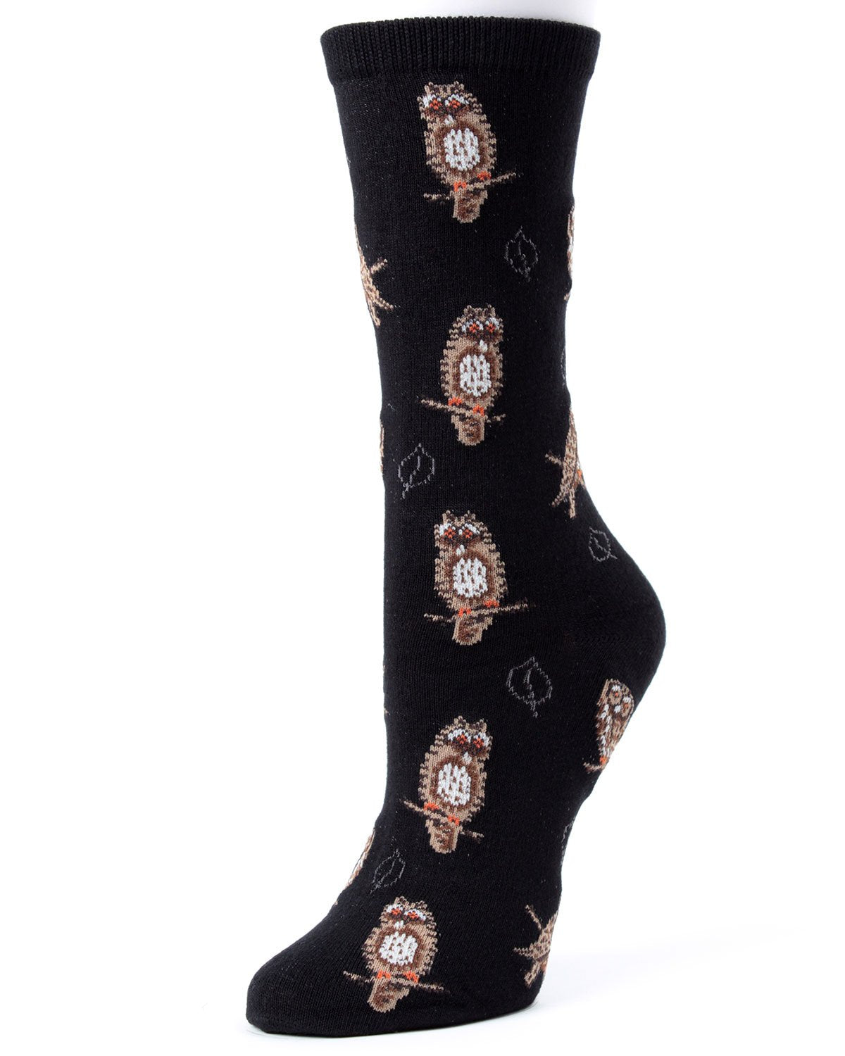 Women's Owl and Leaf Rayon From Bamboo Crew Socks : Color: Black