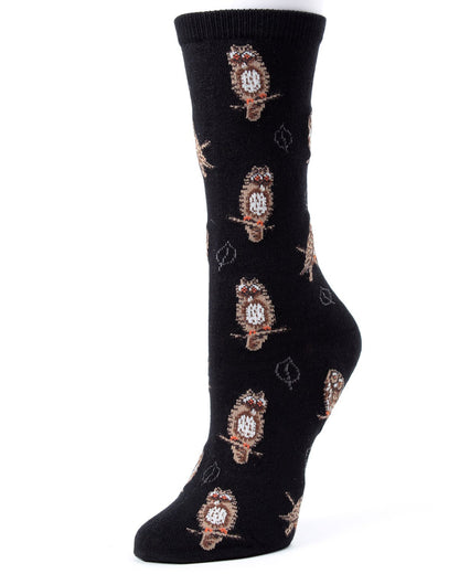 Women's Owl and Leaf Rayon From Bamboo Crew Socks : Color: Black