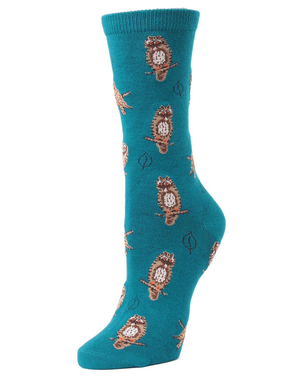 Women's Owl and Leaf Rayon From Bamboo Crew Socks : Color: Deep Lagoon