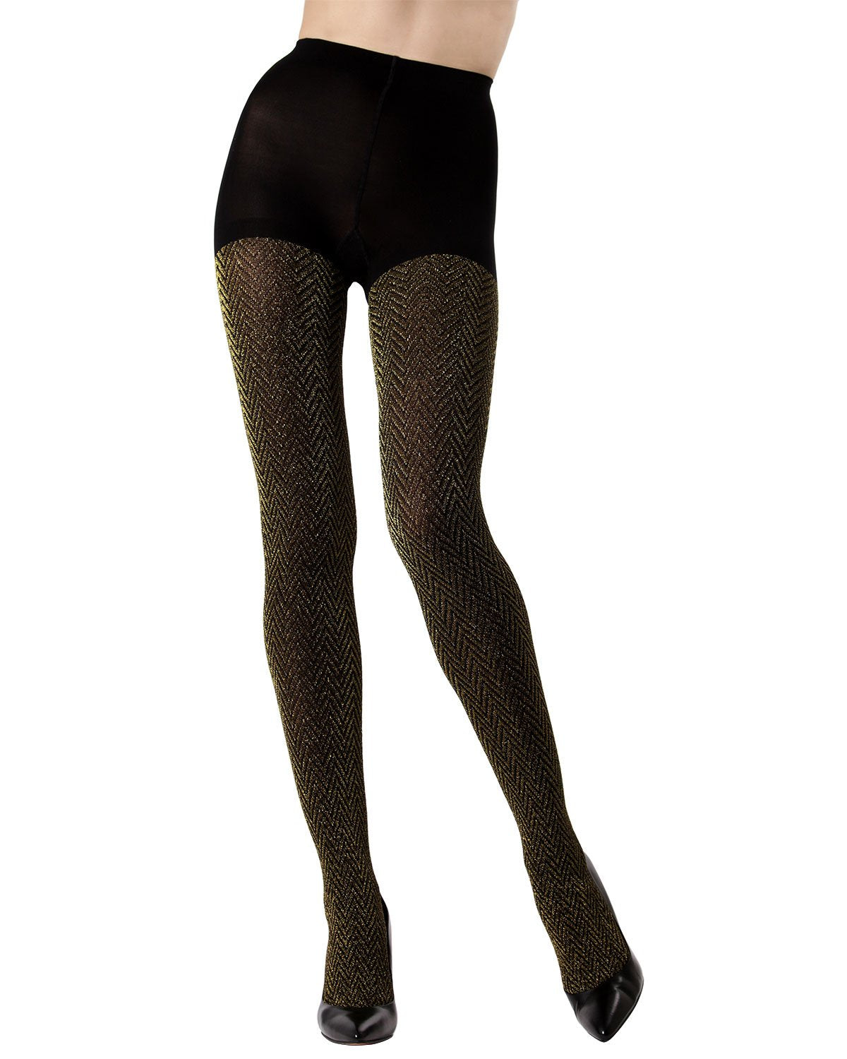 Metallic Chevron Opaque Tights : Color: Black/Silver