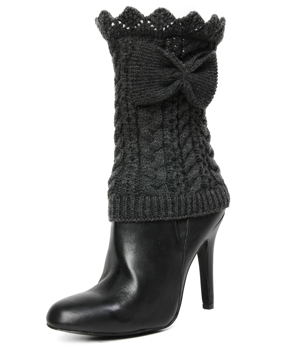 Vixen Mixed Rib Bow Detail Boot Topper : Color: Dark Gray Heather