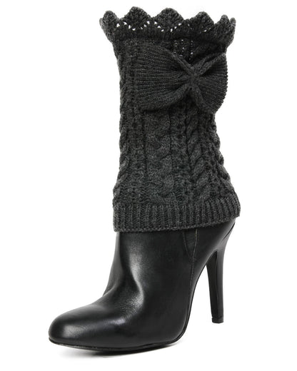 Vixen Mixed Rib Bow Detail Boot Topper : Color: Dark Gray Heather