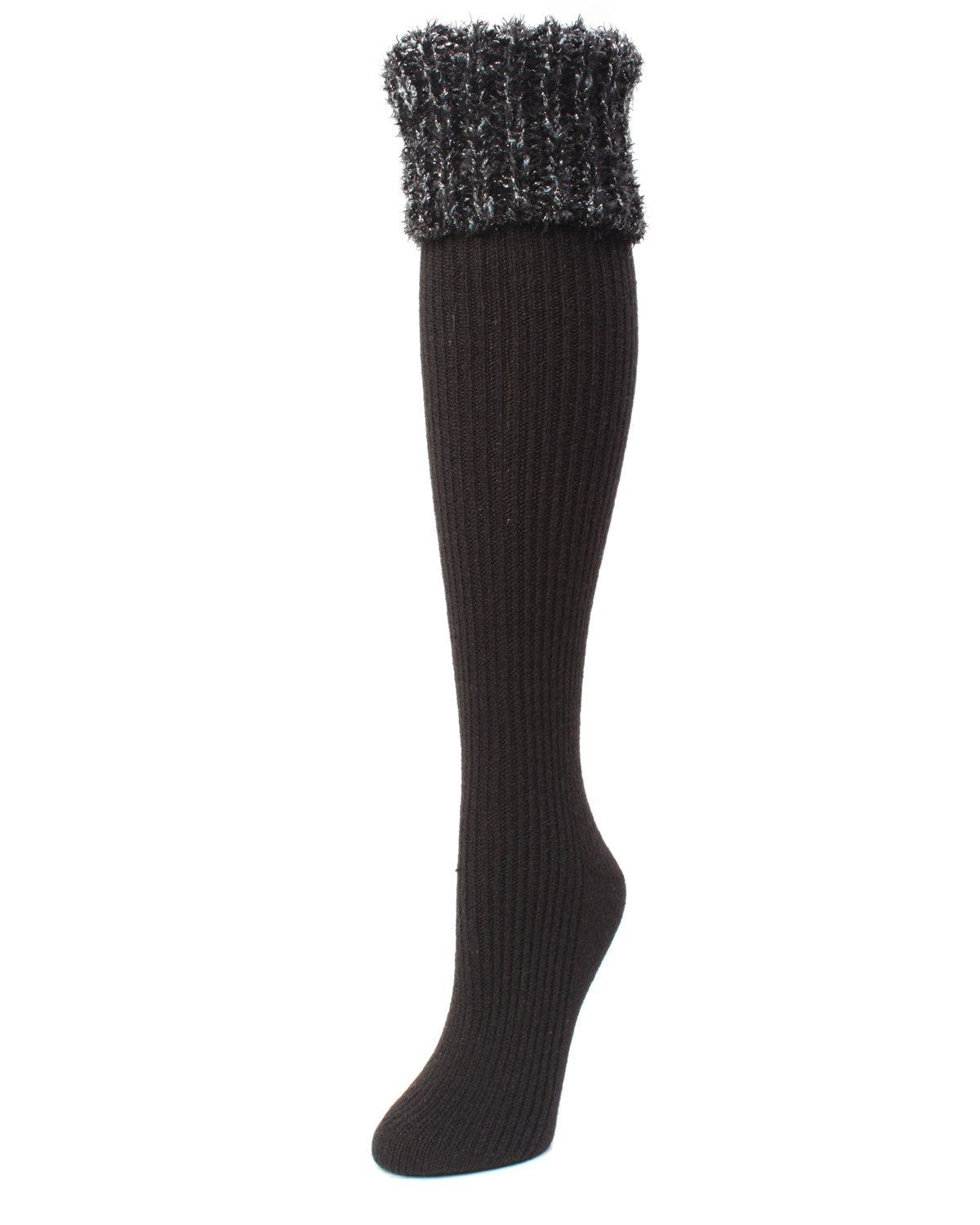 Women's Ribbed Braided Cuffed Plush Knee-High Socks : Color: Black