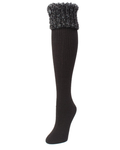 Women's Ribbed Braided Cuffed Plush Knee-High Socks : Color: Black