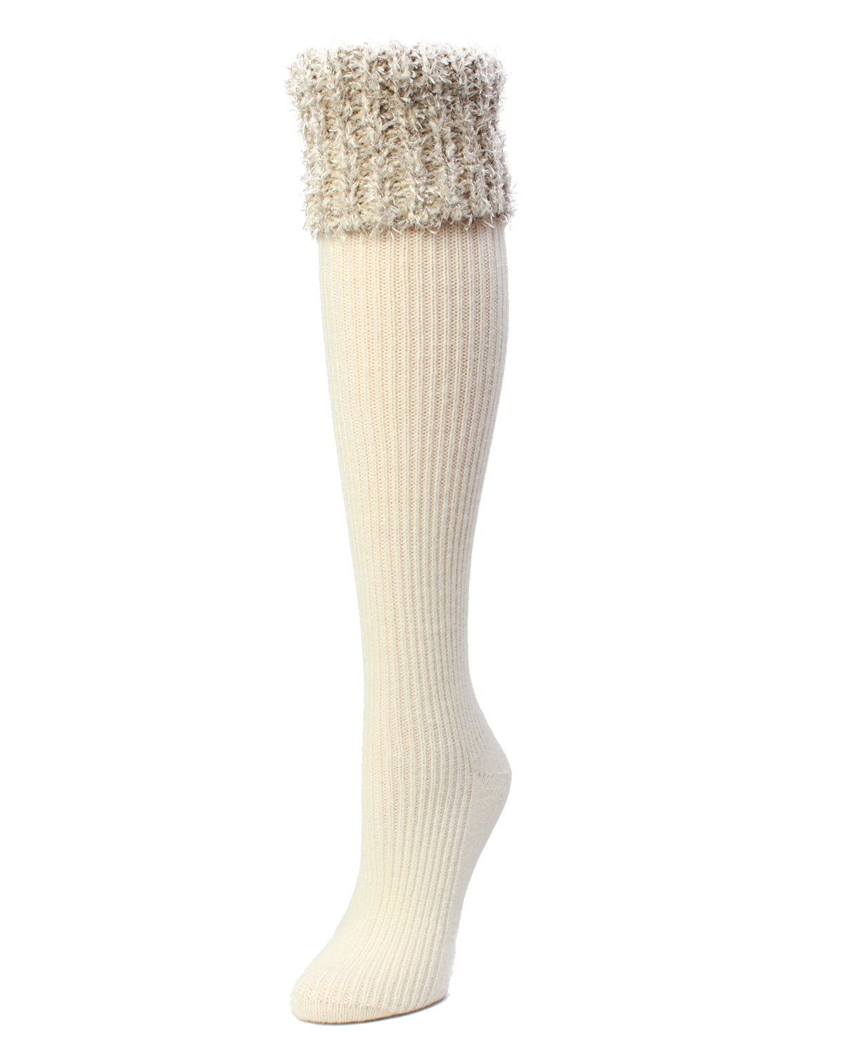 Women's Ribbed Braided Cuffed Plush Knee-High Socks : Color: Winter White