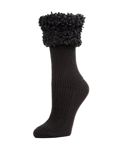 Women's Elegant Rib Cuffed Plush Crew Socks : Color: Black