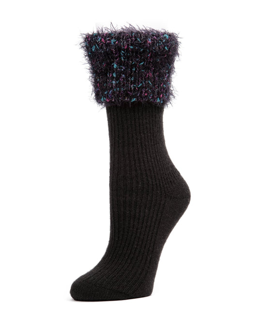 Women's Fancy Fuzz Cuff Ribbed Crew Socks : Color: Black