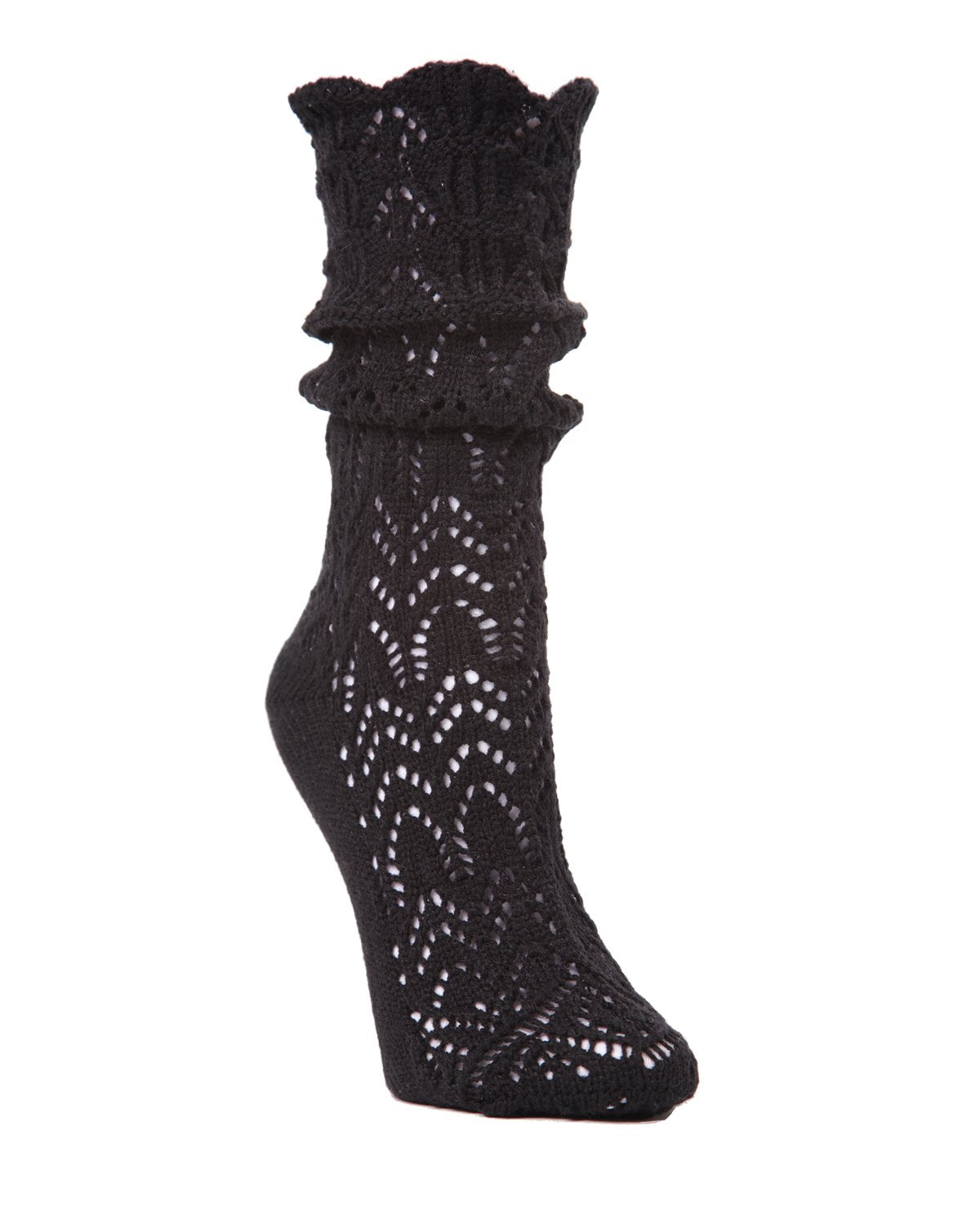 Shakar Scalloped Crochet Knit Boot Sock : Color: Black